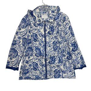 Charter Club Water Resistant Jacket Womens LP Large Petite Blue White Hooded Flo